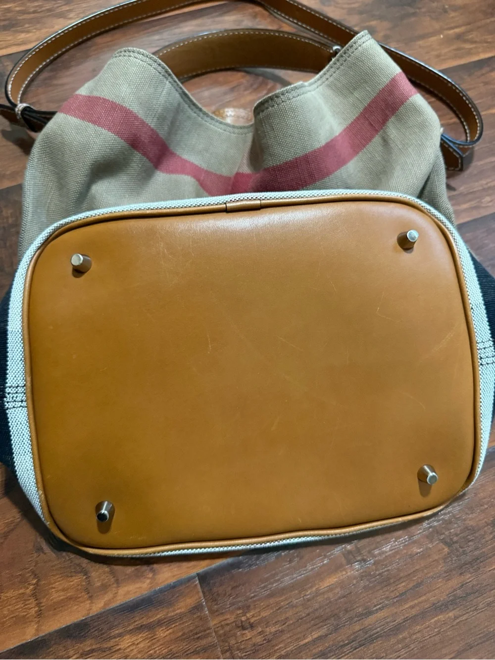 Burberry Brown Leather-Trim Canvas Tote with Red Accent